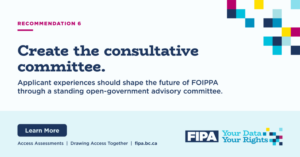 Graphic for Recommendation 6. It says “Create the consultative committee” and explains that applicant experiences should shape the future of FOIPPA through a standing open-government advisory committee.
