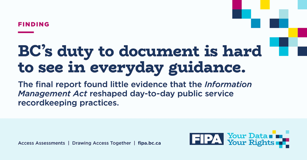 Graphic stating that BC’s duty to document is hard to see in everyday guidance and that the report found little evidence the Information Management Act reshaped day-to-day public service recordkeeping practices.